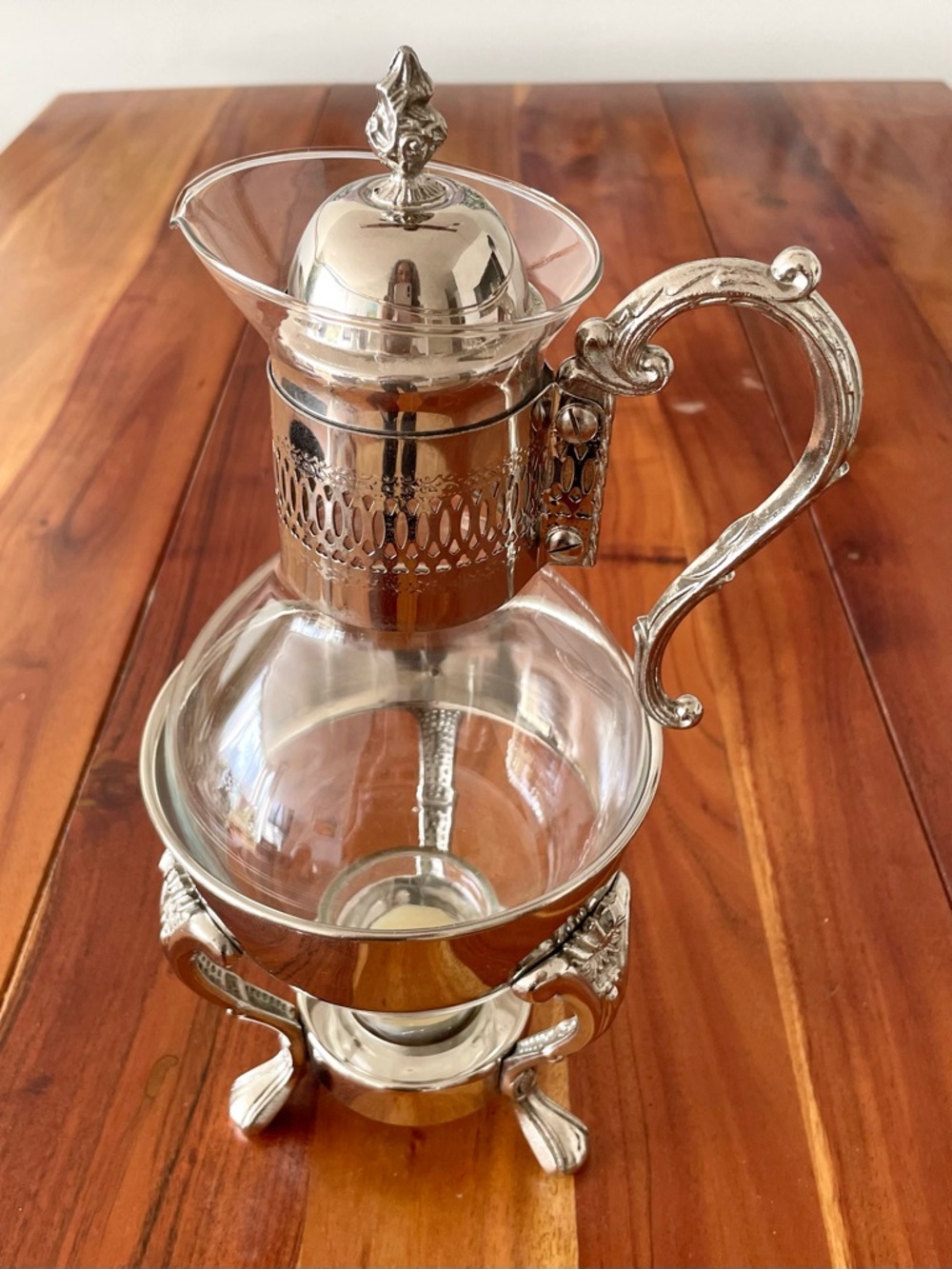 MCM Silver Plate Ornate Glass Candle Heated Carafe Coffee Tea Warmer, Silver 14”